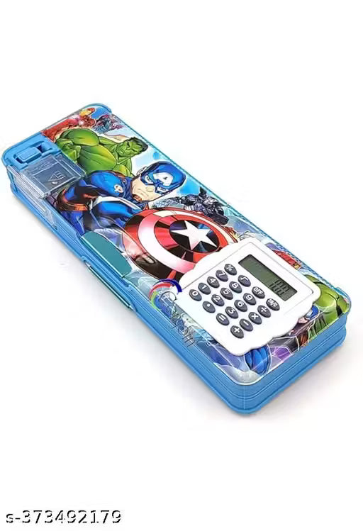 Stylish Pencil Box for Kids Dual Section Pencil Box with Calculator & Dual Sharpener for Kids Cartoon Printed Pencil Case for Kids