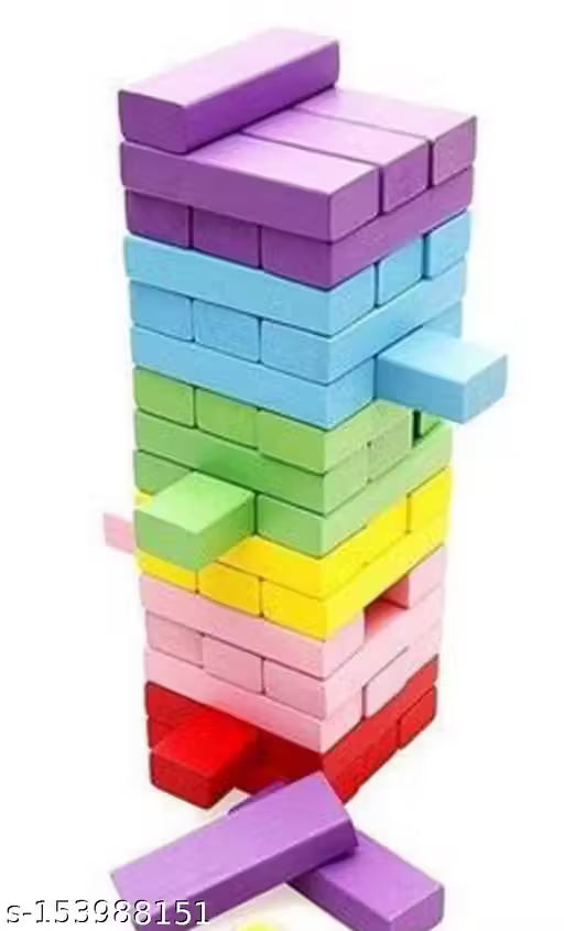 qpk Multi Wooden Building Blocks Puzzle 54 Pcs Challenging 4pcs Dice Wooden Stacking Game Maths,Tumbling Tower 54 Pcs with 4 Dices Game for Adults and Kids (Colour Jenga)