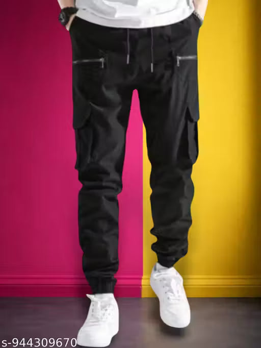 Men's black cotton cargo pants with Multi Pockets | Relaxed Fit Casual trousers for Daily, College & Outdoor Use