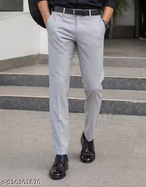 Men Grey Formal Trousers Polyester Fabric Slim Fit Stylish Office Wear Pants