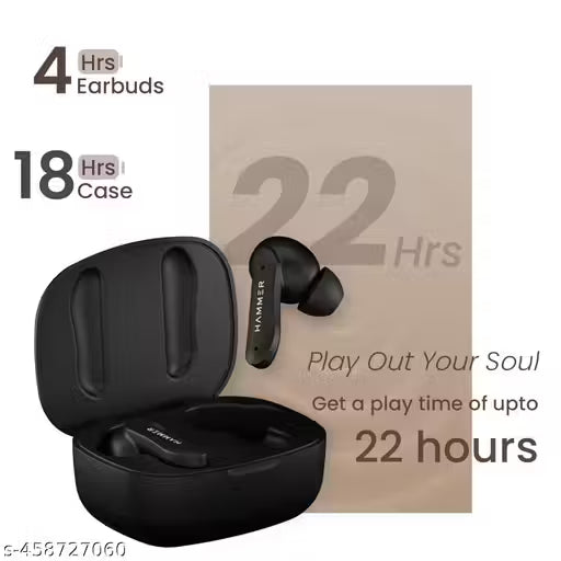 Hammer Solitude Bluetooth Earbuds with Upto 22H Playtime, Quad Mic with ENC, Fast Charging Type-C, IPX4 Water Resistant, Bluetooth v5.3, Touch Controls and Voice Assistant (Truffle Black)