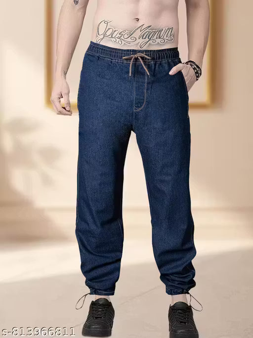Indigo Blue Street Style Denim Trousers with Easy Pull On Waist Design for Travel and Everyday Style Modern Casual Denim Wear
