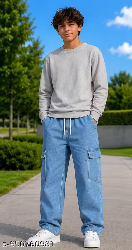 Boy's Nada Baggy Light Blue Denim Jeans Relaxed Fit Wide Leg Utility Pants with Side Pockets for Casual & Streetwear Look