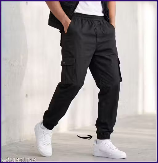 Stylish Black Cargo Track Pants for Men | Multi-Pocket Casual Wear