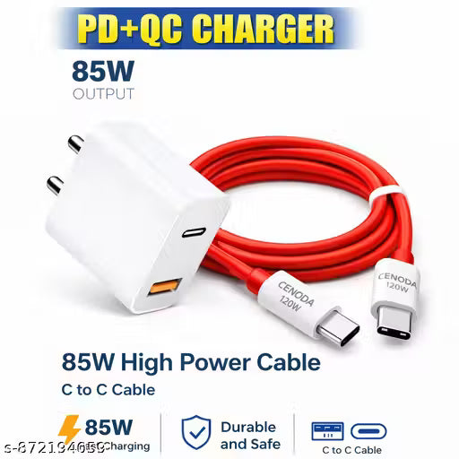 85W PD + QC Fast Charger with C to C Cable | Dual Port USB + Type-C | Super Fast Charging Adapter for iPhone, Oppo, Vivo, Mi, Poco
