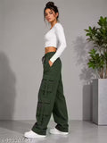 Women’s Dark Green Wide Leg Cargo Pants Stylish Streetwear Multi Pocket Casual Trousers