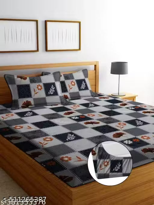 Super Soft Glace Cotton Attractive King Queen Single Cotton Feel All Round Elastic Fitted Double Bed Bedsheet with 2 Pillow Covers-72x78x8