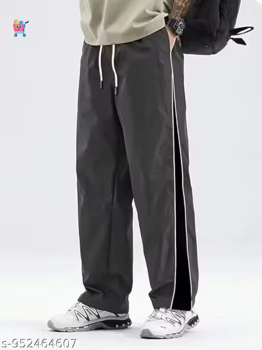 Men’s Baggy Track Pants Relaxed Fit Casual Trousers with Side Stripe Elastic Waist Drawstring Comfortable Streetwear Lower for Men Black