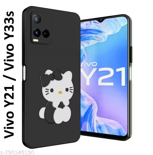 Rock Zone Back Cover for Vivo Y21 2021 / Vivo Y33s | Cute 3D Cartoon Kitty Soft Silicone Protective Back Cover Case (Black)