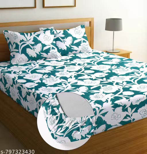 "Soft Cotton Floral Printed Double Bedsheet with Elastic and 2 Pillow Covers"