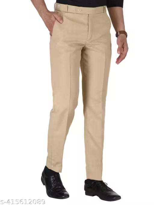 Men Regular Fit Beige Cotton Blend Trousers| FORMAL TROUSER CREAM BEIGE