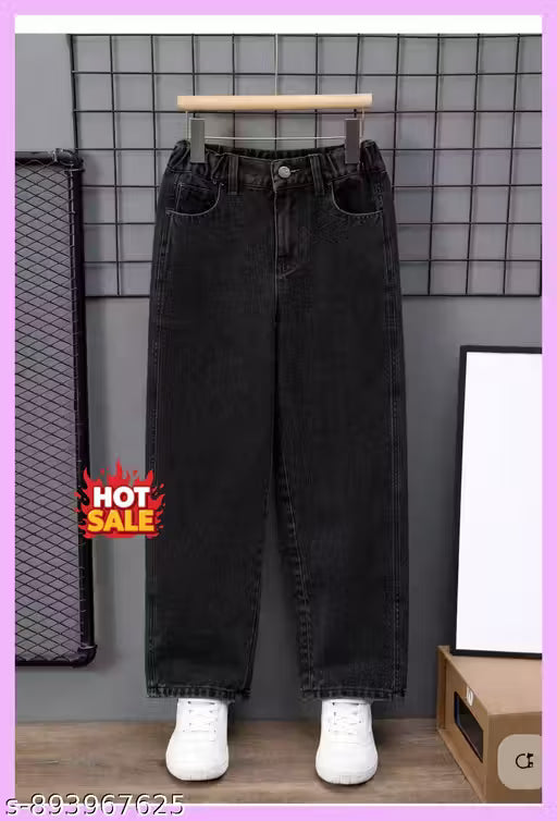 Girls Baggy Denim Jeans for Kids and Teens Soft Black Wide Leg Jeans High Rise Loose Comforts Fit Trendy Casual Street Style Jeans for Daily Wear School Outing Party Fashion Denim Pants