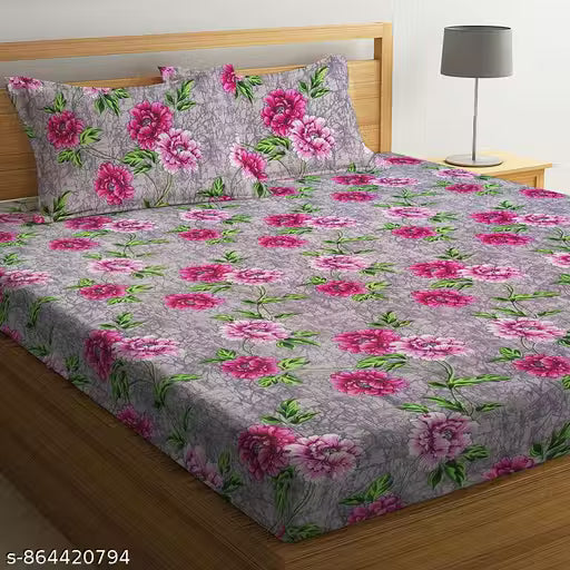 170 TC Glace Cotton Double Bedsheet with 2 Pillow Covers | Elegant Pink Floral Print on Grey Background | Soft & Breathable Fabric | 90x100 Inches | Double & Queen Size Available