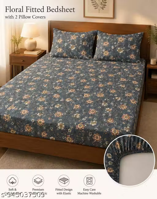 Amazing King Size Fitted Elastic Cotton Superfine 1 Double Bedsheet With Free 2 Pillow Covers 1+2 Set Full Size 72*78+8 Inches And Big Size Of Pillow Covers JAI GURU JI