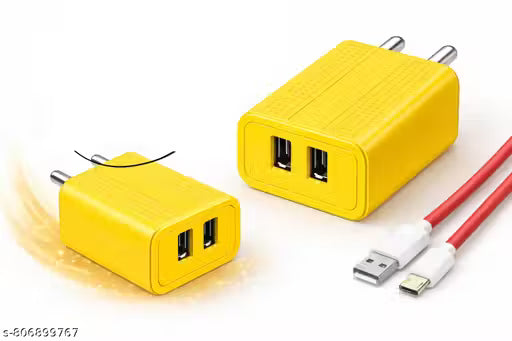 Double USB 3.4A Fast Wall Charger | Dual USB Ports Mobile Charging Adapter for Android Smartphones/ Yellow Dual USB charger(RED V8 CABLE included)