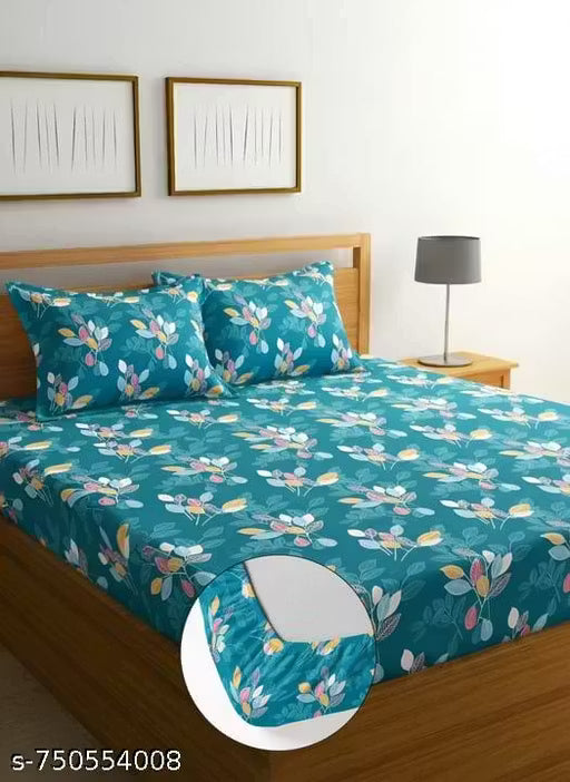 Super Soft Glace Cotton Primium Quality Attractive King Queen Single Cotton Feel All Round Elastic Fitted Double Bed Bedsheet with 2 Pillow Covers-72x78x08