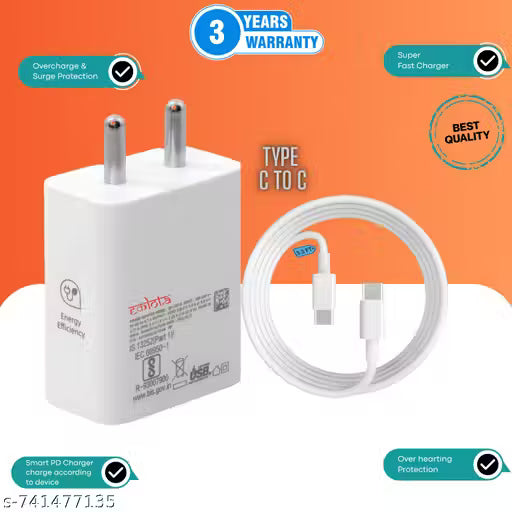 Eकlota 25W Charger for Samsg/iPhn/Pixl/Viv/Opp with Type-C to C Cable | Super Fast Charging PD Adapter for Galxy