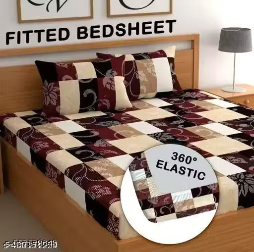 Super Soft Glace Cotton All Round Elastic Fitted Double Bed Bedsheet with 2 Pillow Covers-72x78x8 Inches-fiteed_Double