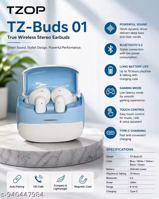 Bluetooth Wireless Earbuds (70 Hrs Playtime at 60% Volume)