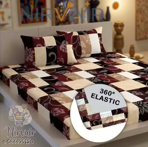 Super Soft Glace Cotton All Round Elastic Fitted Double Bed Bedsheet with 2 Pillow Covers-72x78x8 Inches-fiteed (1 pillow cover with single bedsheet & no pillow with crib)