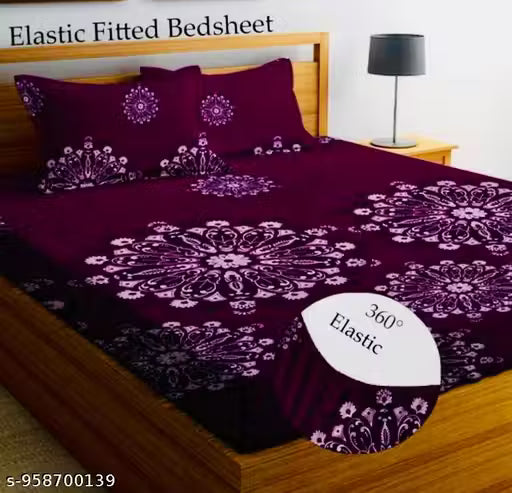 Super Soft Glace Cotton All Round Elastic Fitted Double Bed Bedsheet with 2 Pillow Covers-72x78x8 Inches-fiteed_Double