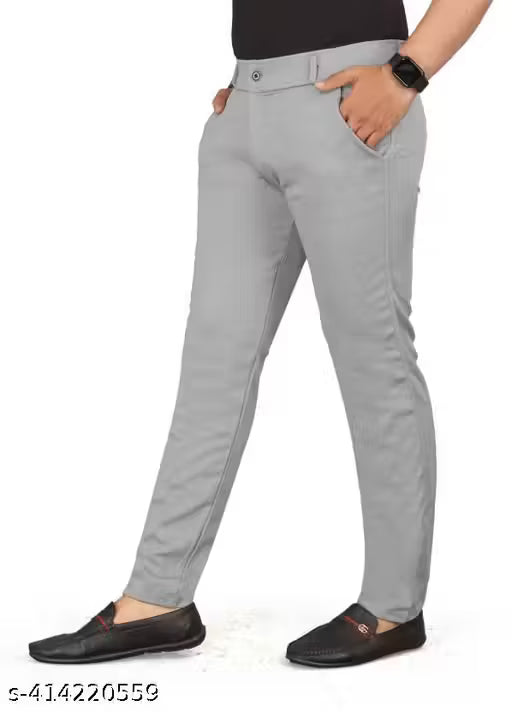 TopQore Men Slim Fit Light Grey Lycra Blend Trousers Pant
