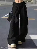 Women’s Wide-Leg Cargo Pants with Bow Detail | High Waist Loose Fit Trousers for Casual & Streetwear | Available in Olive Green, Black, Burgundy