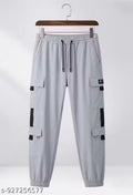 Men’s WHITE/LIGHT GREY Cargo Jogger Pants – Elastic Waist, Multi-Pocket Streetwear Trousers