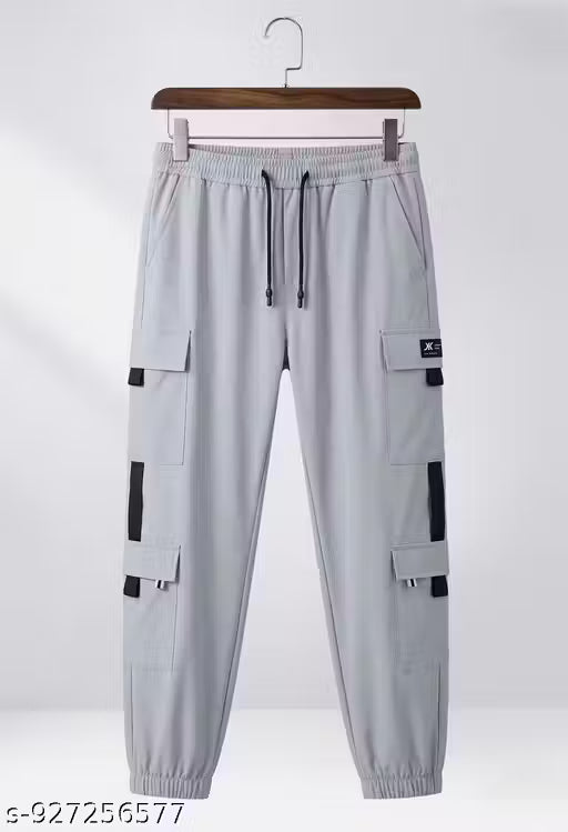Men’s WHITE/LIGHT GREY Cargo Jogger Pants – Elastic Waist, Multi-Pocket Streetwear Trousers