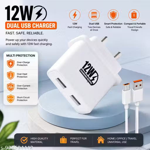 SIYA GADGETS 12W Fast Charging USB Wall Charger with Dual USB Ports & Micro USB Cable | Compact Travel Adapter for Android Smartphones, Tablets & Accessories (White)