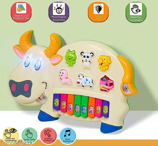 Multifunction Kids Cow Musical Piano with 3 Modes Animal Sounds, Flashing Lights & Wonderful Music(Multi Color) | Musical Learning Toy For Kids With Play & Fun