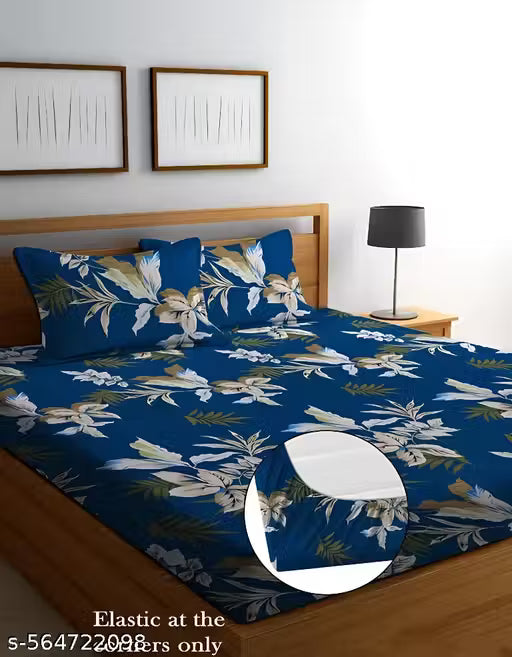 Super Soft Glace Cotton All Round Elastic Fitted Double Bed Bedsheet with 2 Pillow Covers-72x78x8 Inches-fiteed_Double