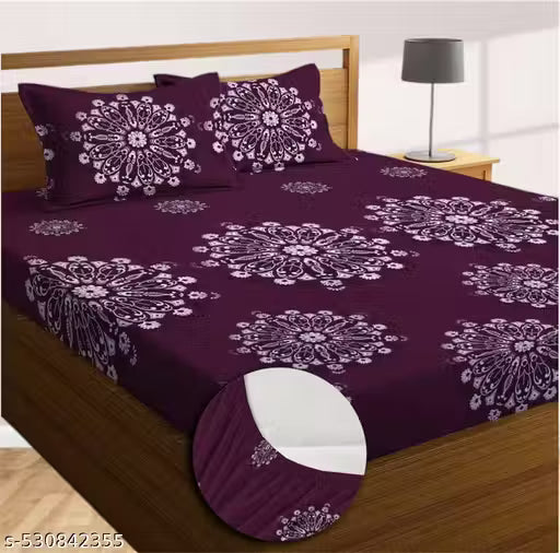 Super Soft Glace Cotton Attractive King Queen Single Cotton Feel All Round Elastic Fitted Double Bed Bedsheet with 2 Pillow Covers-72x78x8