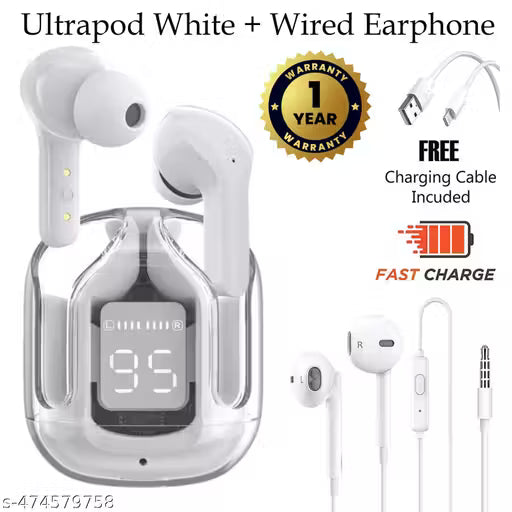 Tws Ultrapod True Wireless Bluetooth Headphone, TWS earphone, earphone, Best Quality Wireless Bluetooth Headphones & Earphones, Sweat Proof + Wired Earphone, Wired Headphone - Combo