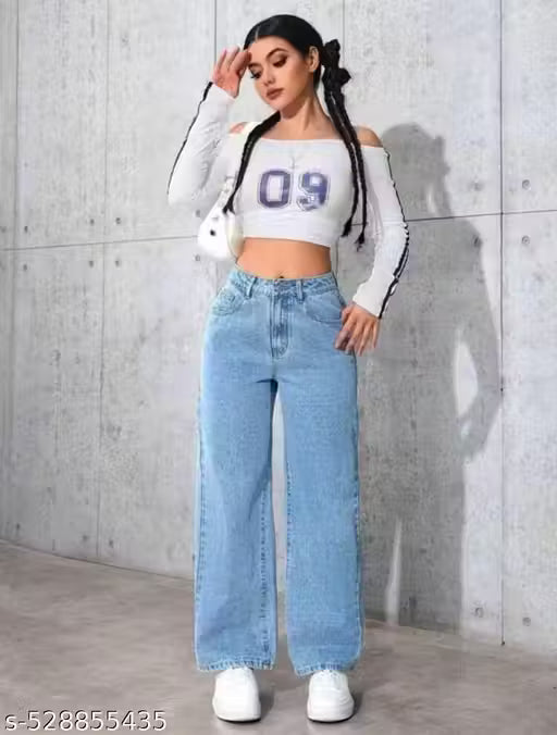 Women's Straight Leg Loose Casual Ice Blue Jeans
