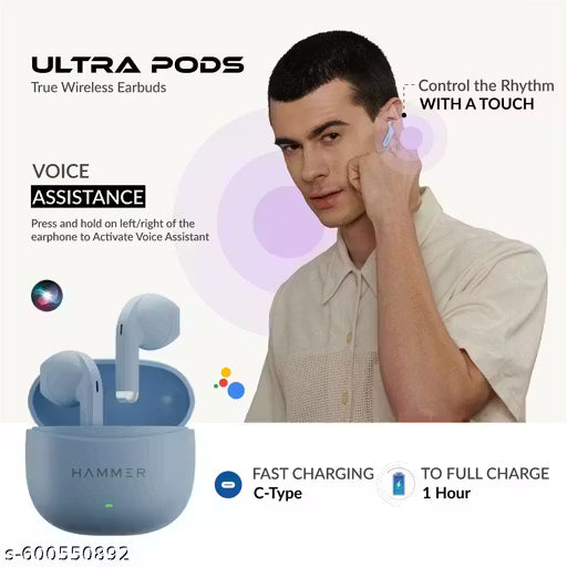 Hammer Ultra Pods Earbuds with 13MM Drivers, 40H Playtime, IPX5 Water Resistant