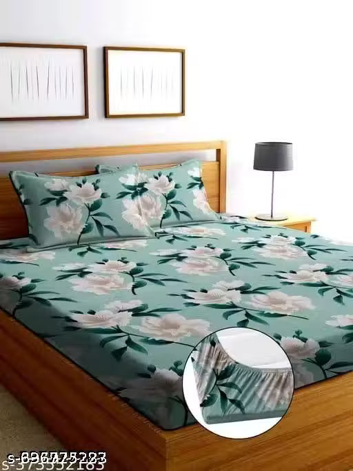 WIGGLY 320TC Cotton Feel Supersoft Glace Cotton All Around Elastic Fitted Bedsheet Elastic Fitted Bedsheet King Size Bedsheet For Double Bed With 2 Pillow Cover
