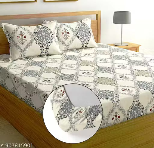 Cotton Blend Fitted Bedsheet 72x78 Inches with Elastic | Printed Bed Sheet with 2 Pillow Covers | Soft & Breathable Fabric