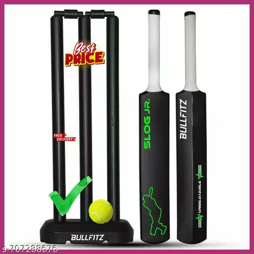 BULL FITZ Slog Kids Plastic Cricket Bat with Wicket Set & 1 Tennis Ball for Kids (Size 3, Age 6-10 Year Old Kids) Multicolor