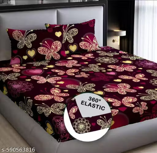 Super Soft Glace Cotton All Round Elastic Fitted Double Bed Bedsheet with 2 Pillow Covers-72x78x8