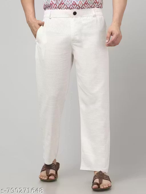 white trousers::cotton blend pants::regular fit pants::casual trousers::men's linen pants
