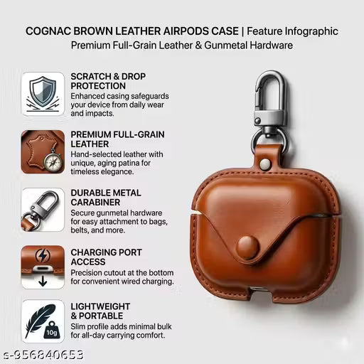 Premium Leather Wireless Earbuds Protective Case Cover with Metal Hook