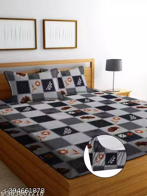 Super Soft Glace Cotton All Round Elastic Fitted Double Bed Bedsheet with 2 Pillow Covers-72x78x8 Inches-fiteed_Double