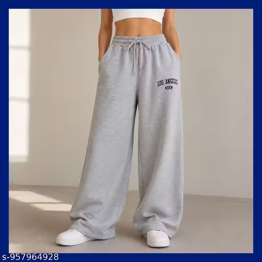 Women's Grey Oversized Lounge Pants | Wide Bottom Relaxed Fit Trousers with Adjustable Waist | Soft Cotton Blend Casual Wear Palazzo for Women