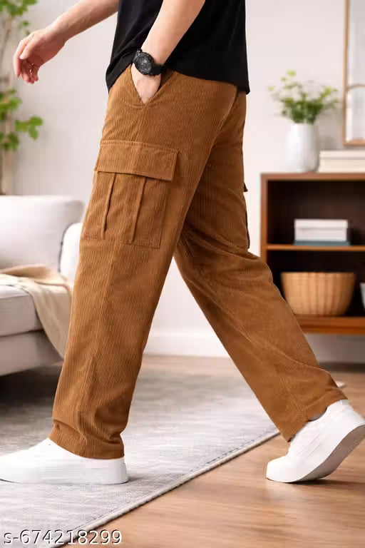 Premium Men’s Brown Corduroy Cargo Track Pant | Relaxed Fit Casual Wear