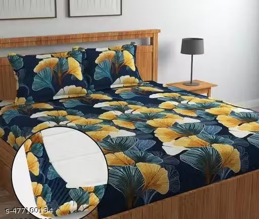 Cotton Elastic All Around Fitted King Size Double Bed Bedsheet with 2 Pillow Covers | Floral Printed Bedsheet Combo