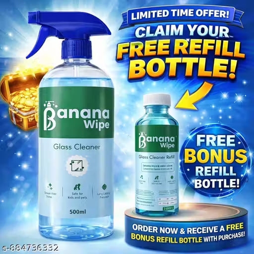 Banana Wipe Glass Cleaner Combo | 500 ML Spray + Free Refill Bottle | Multi-Surface Glass Cleaner for Home, Kitchen, Bathroom