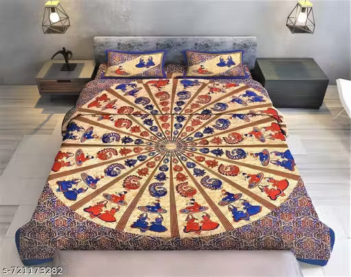 Premium Quality Rajasthani Jaipuri Print 100% Pure Cotton King Size Bedsheet with 2 Pillow Cover ( 228 * 254) cm