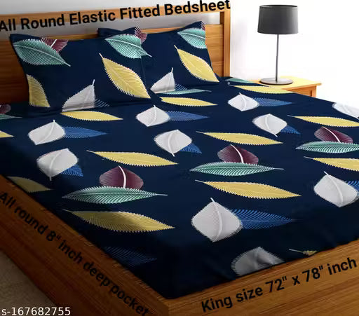 All Round Elastic Fitted Cotton Feel Printed King Size Double Bed Bedsheet with 2 Pillow Cover(72"x78" inch )