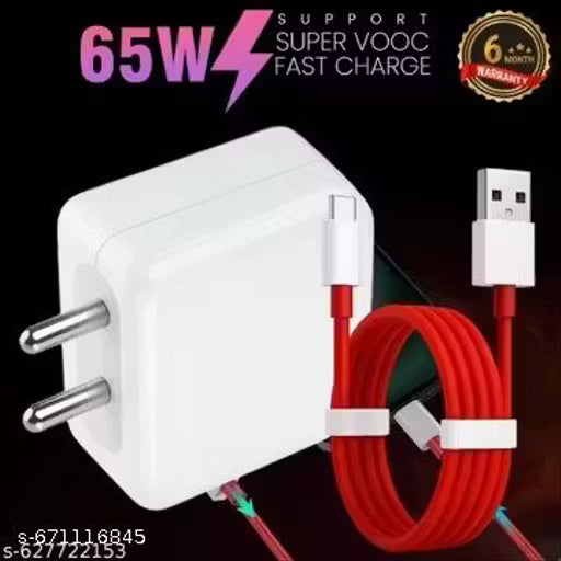 65 Watt 6A Super Fast Mobile Charger for Mobile with Detachable Red & White Cable (White, Cable Included) Supports Supervooc,